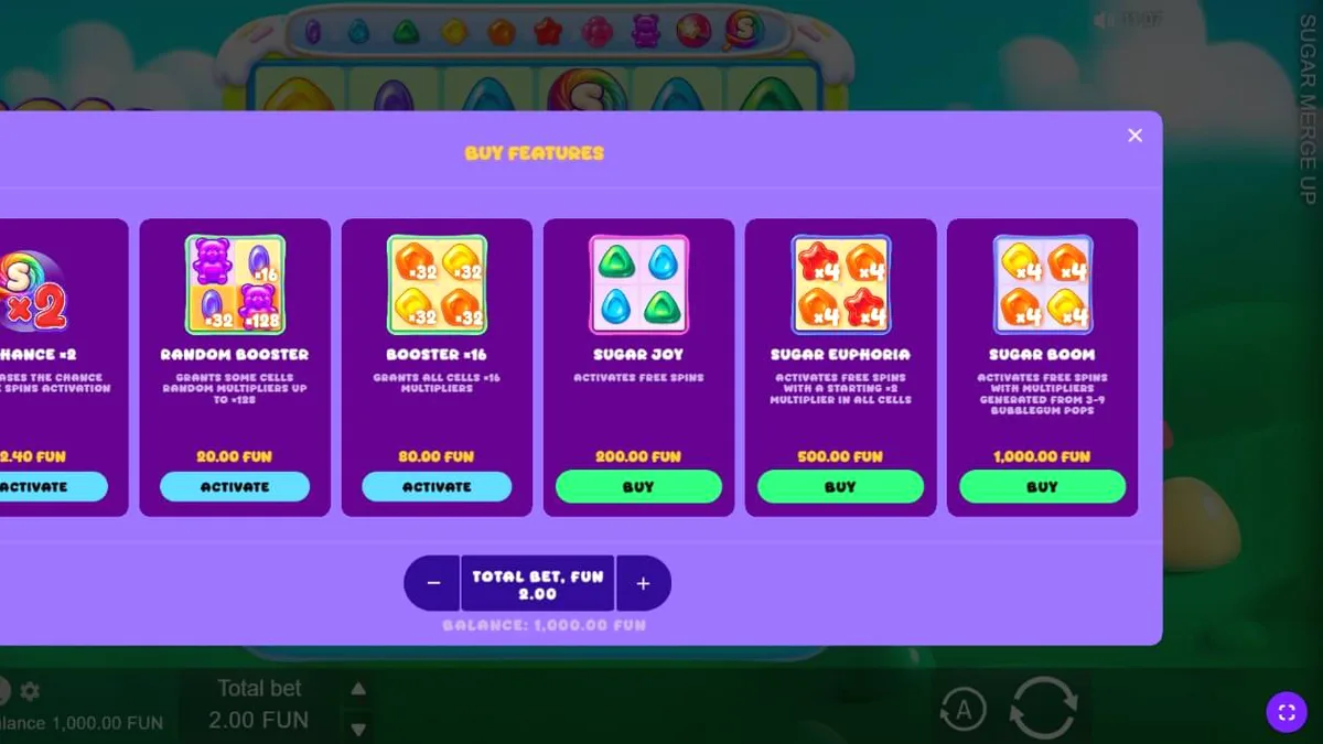 Tampilan antarmuka seluler slot Sugar Merge Up dengan tema permen yang ceria.
