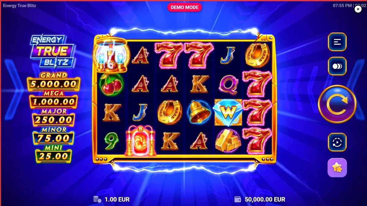 Tampilan layar mesin slot Energy True Blitz dengan simbol neon dan efek listrik.