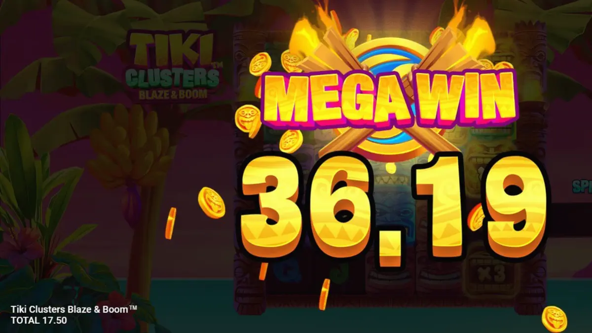 Visual permainan slot Tiki Clusters Blaze & Boom dengan latar belakang pulau tropis dan simbol Tiki.