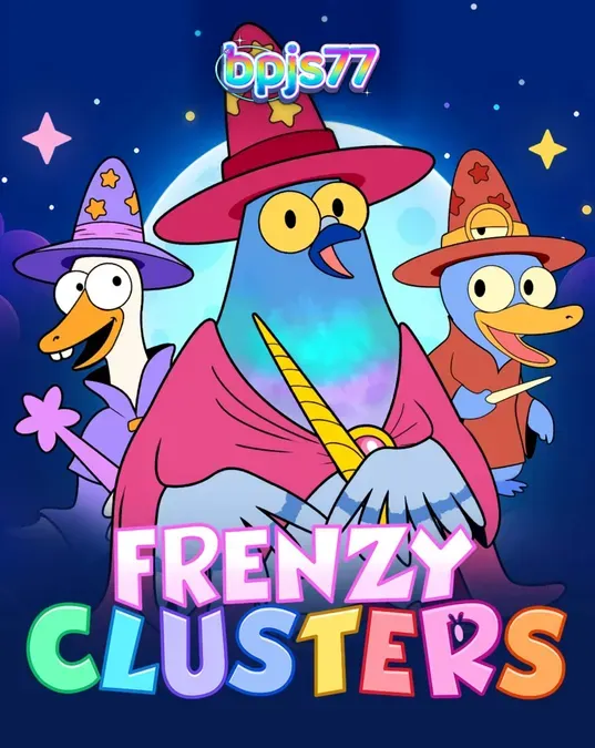 Tampilan antarmuka permainan slot Frenzy Clusters dengan karakter pahlawan dan grid 7x7